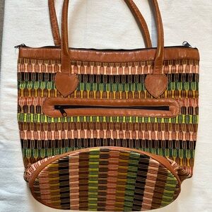 Leather Brown and Green Patterned Shoulder Bag
